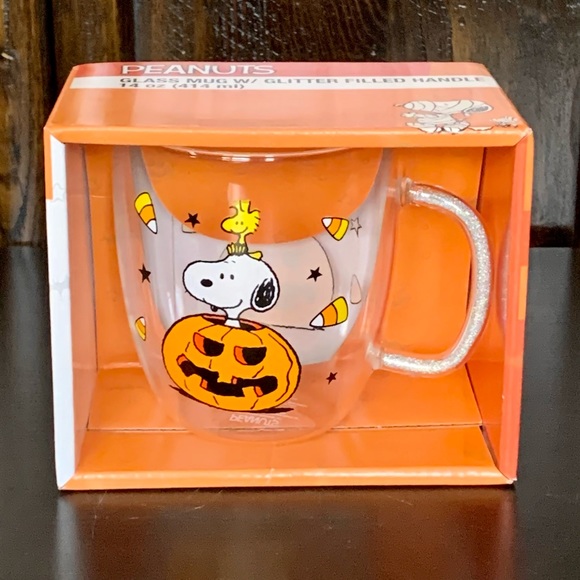 Peanuts 14oz Glass Halloween Mug - Snoopy Woodstock Jack O’ Lantern Candy Corn - Picture 2 of 9